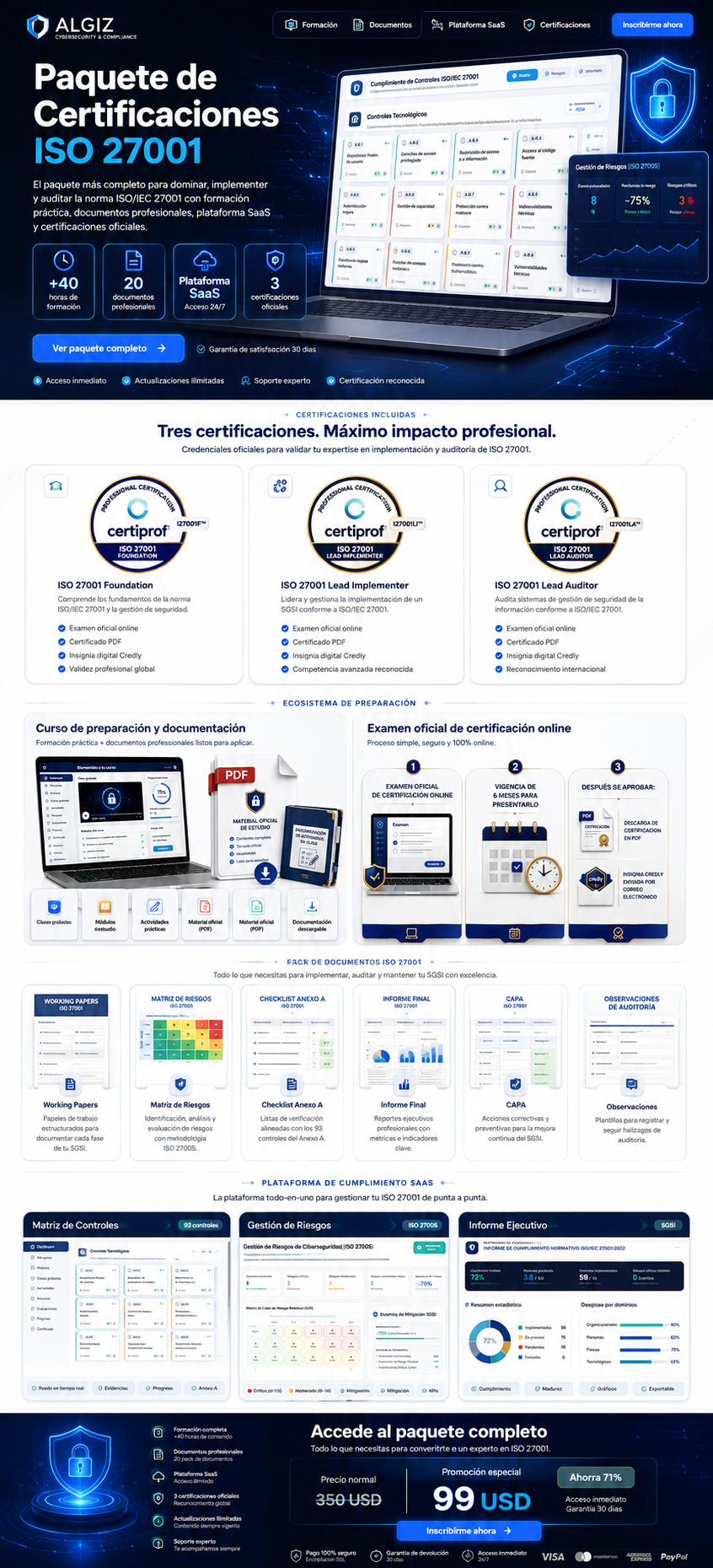 Paquete profesional ISO 27001 con certificaciones, formación, documentación y plataforma de cumplimiento